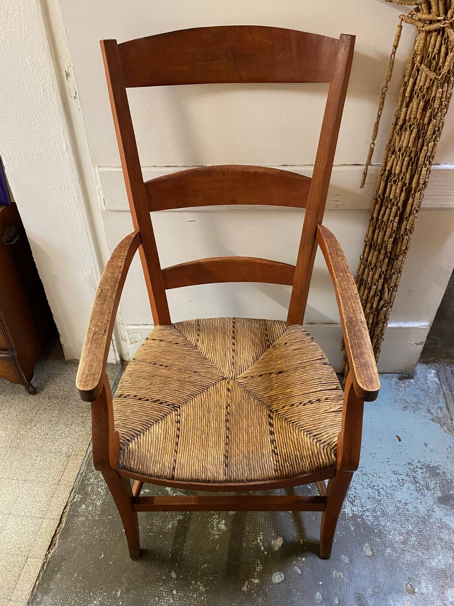 provençal armchair with dark beech armrests two-tone straw seat