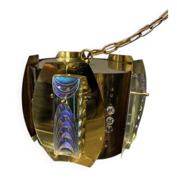 Vintage Brass Pendant Lamp Iridescent Murano Glass