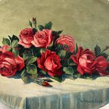 Peinture ancienne huile sur bois ovale jetée de roses années 30