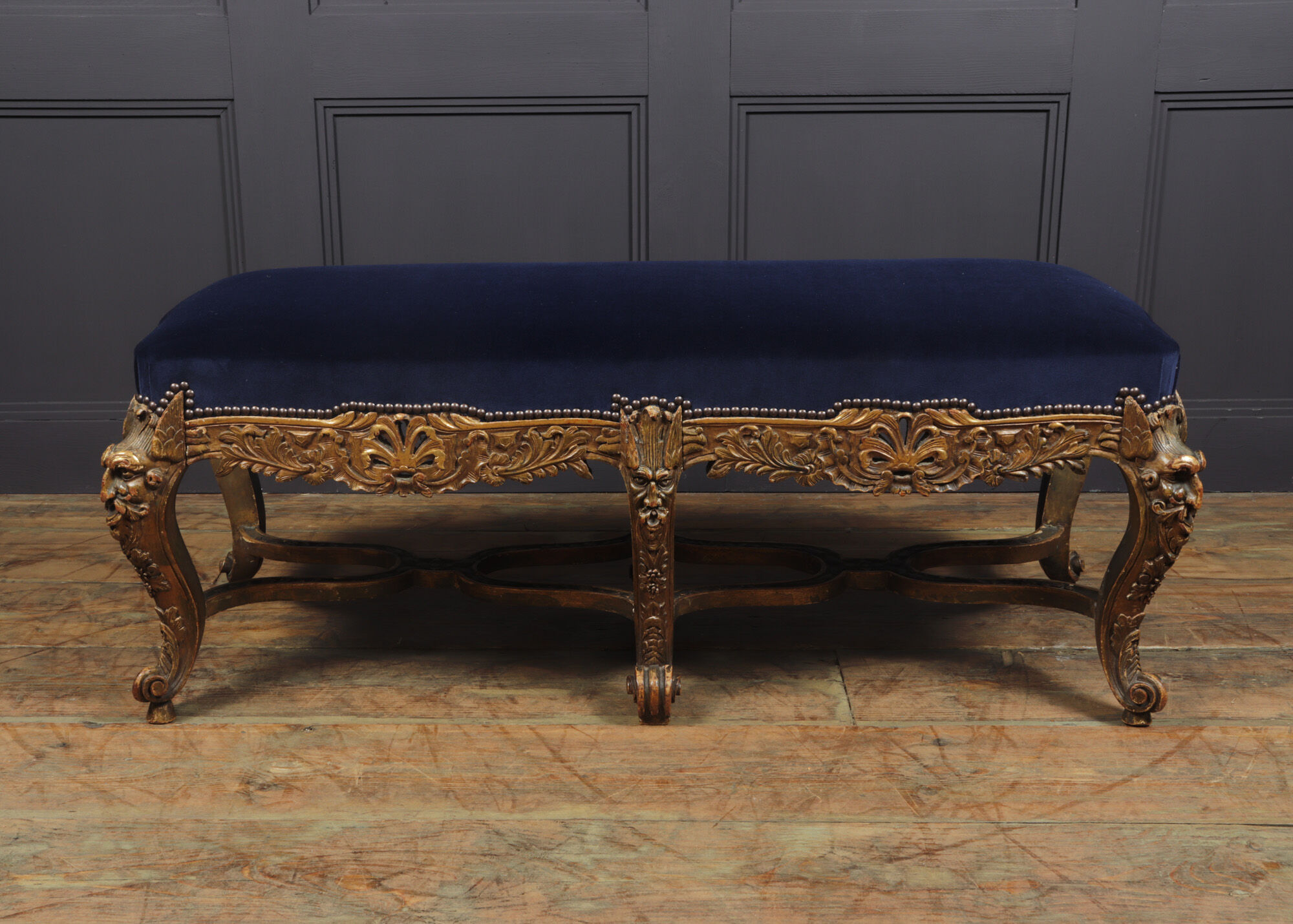 Antique french carved and parcel gilt long stool c1860