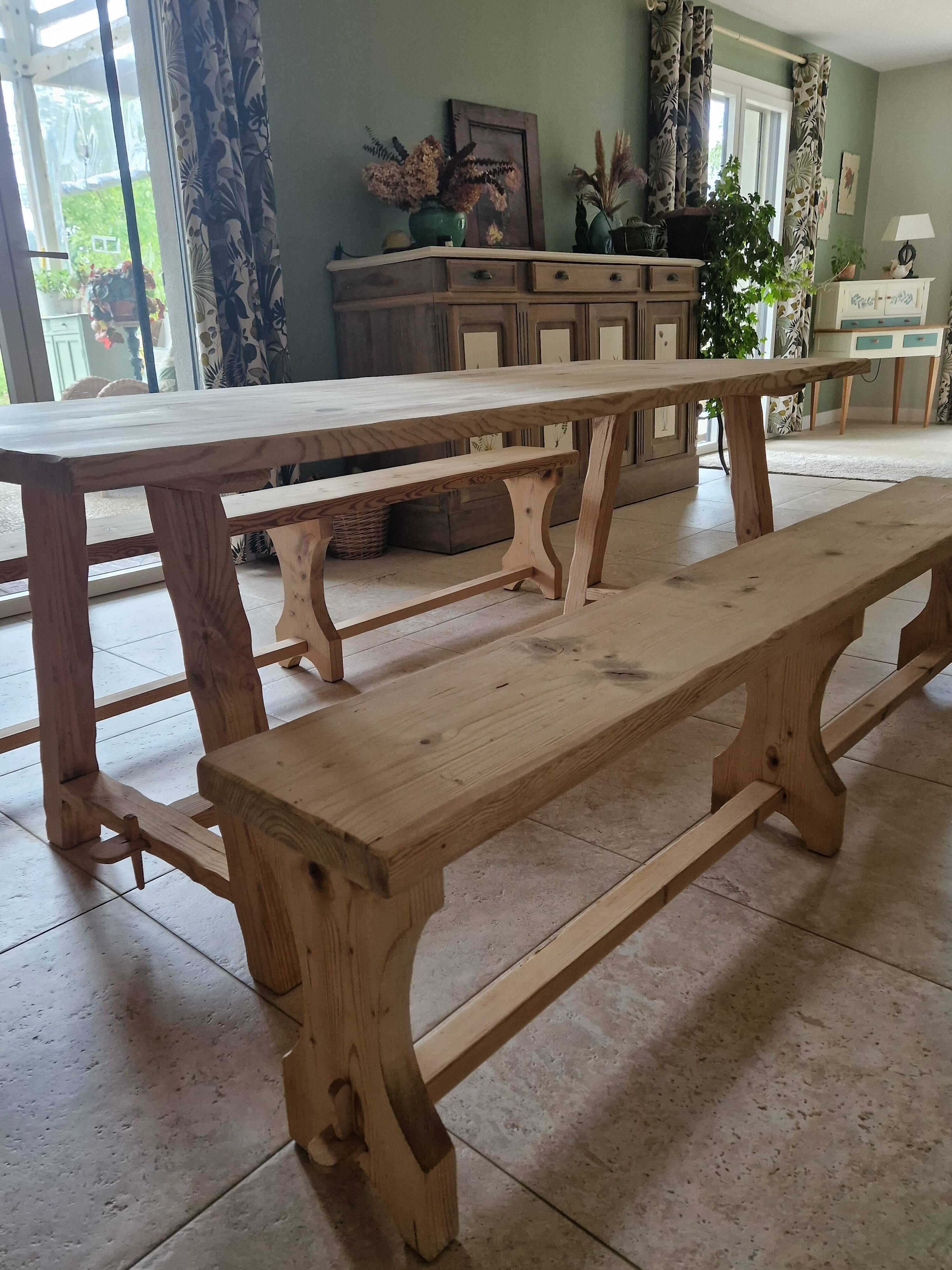 farm table and wooden benches