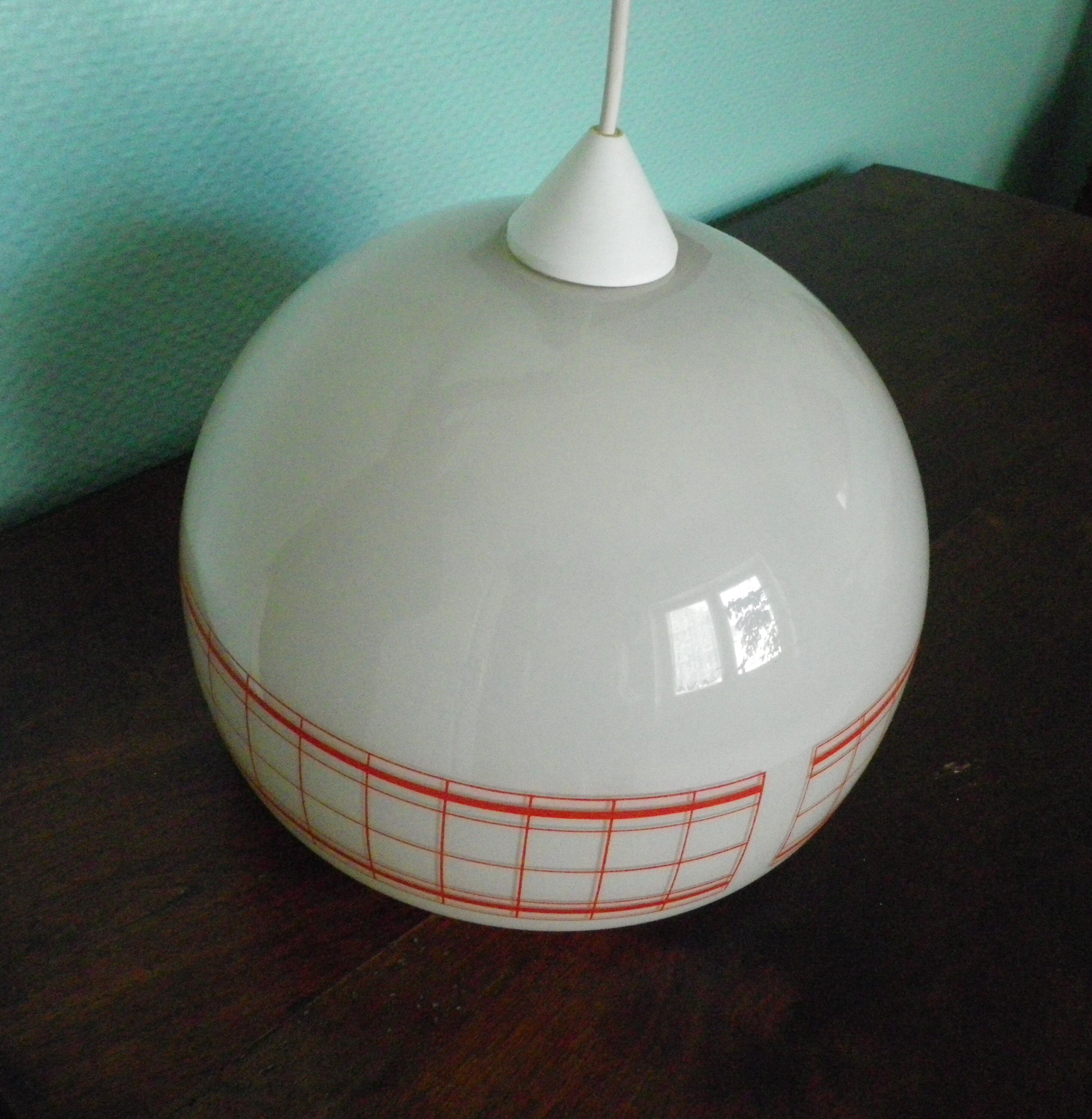 Space age pendant lamp, white opaline with orange silkscreened geometric designs