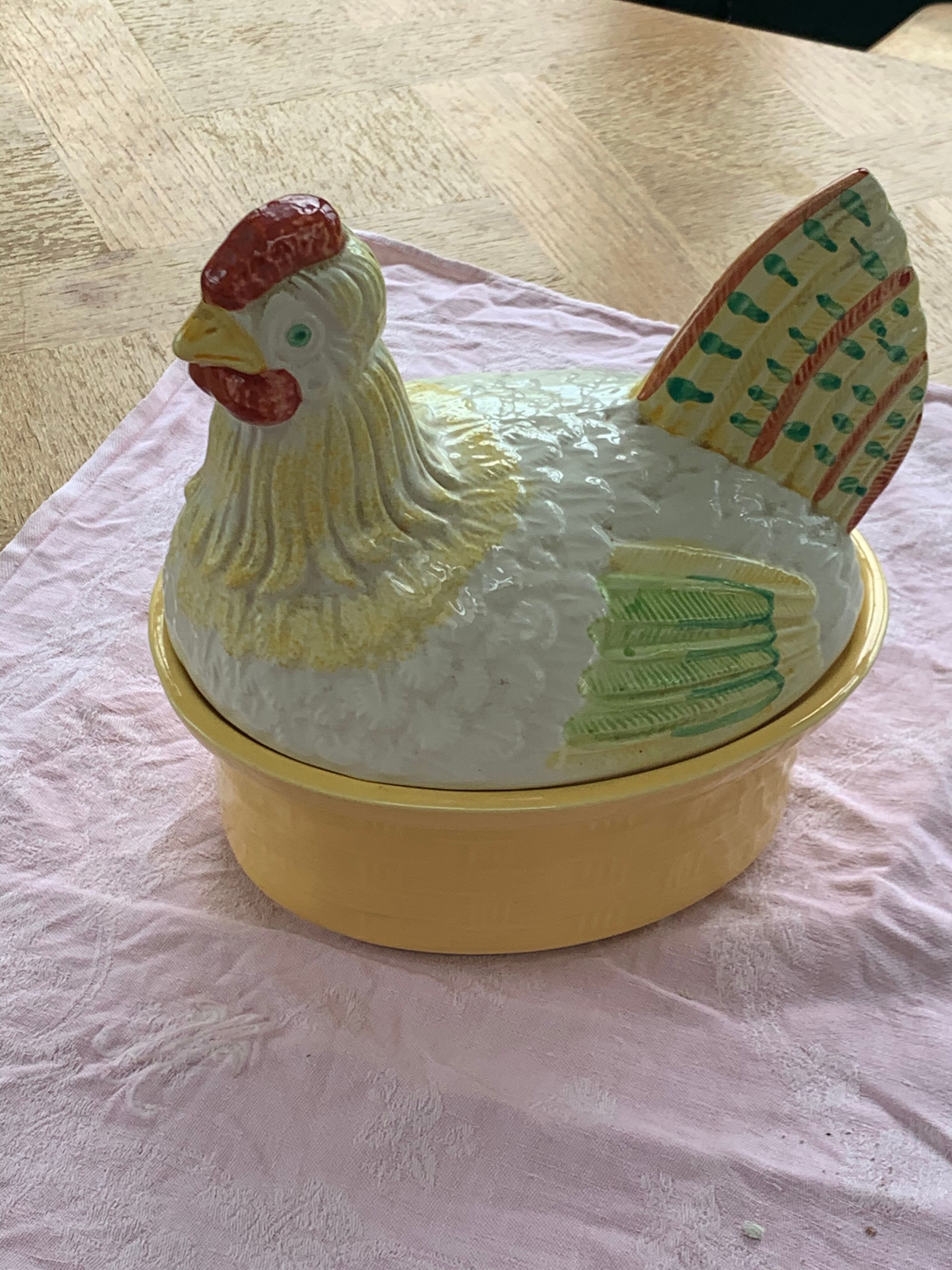 Terrine hen slurry in vintage glazed ceramic