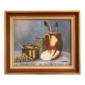 Old painting Oil on canvas Still life Grapes Bread Pot Signed