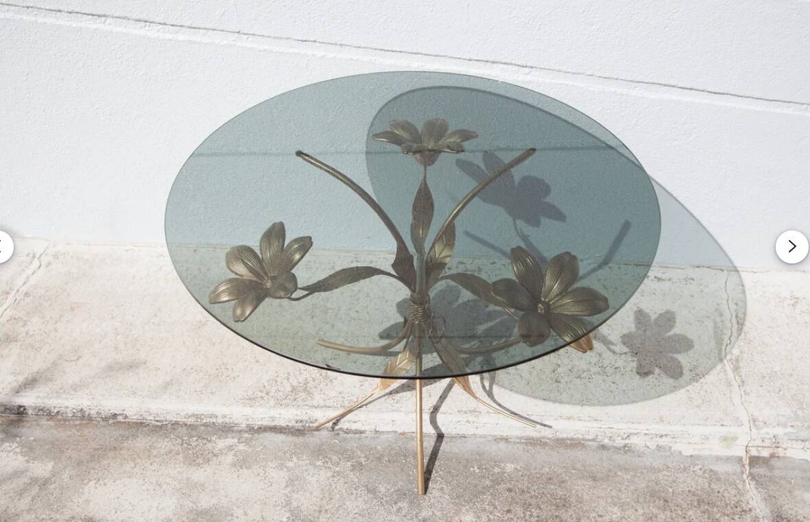 Vintage coffee table, brass and smoked glass table, Hans Kogl style flower table, lotus flower table