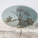 Table basse vintage, table laiton et verre fumé, table fleur Hans Kogl style, table fleur de lotus