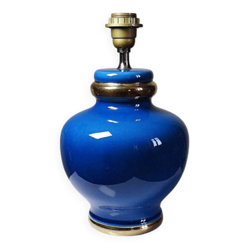 Lampe vintage Att. Le Dauphin en céramique bleu cobalt et or, années 1960-1970