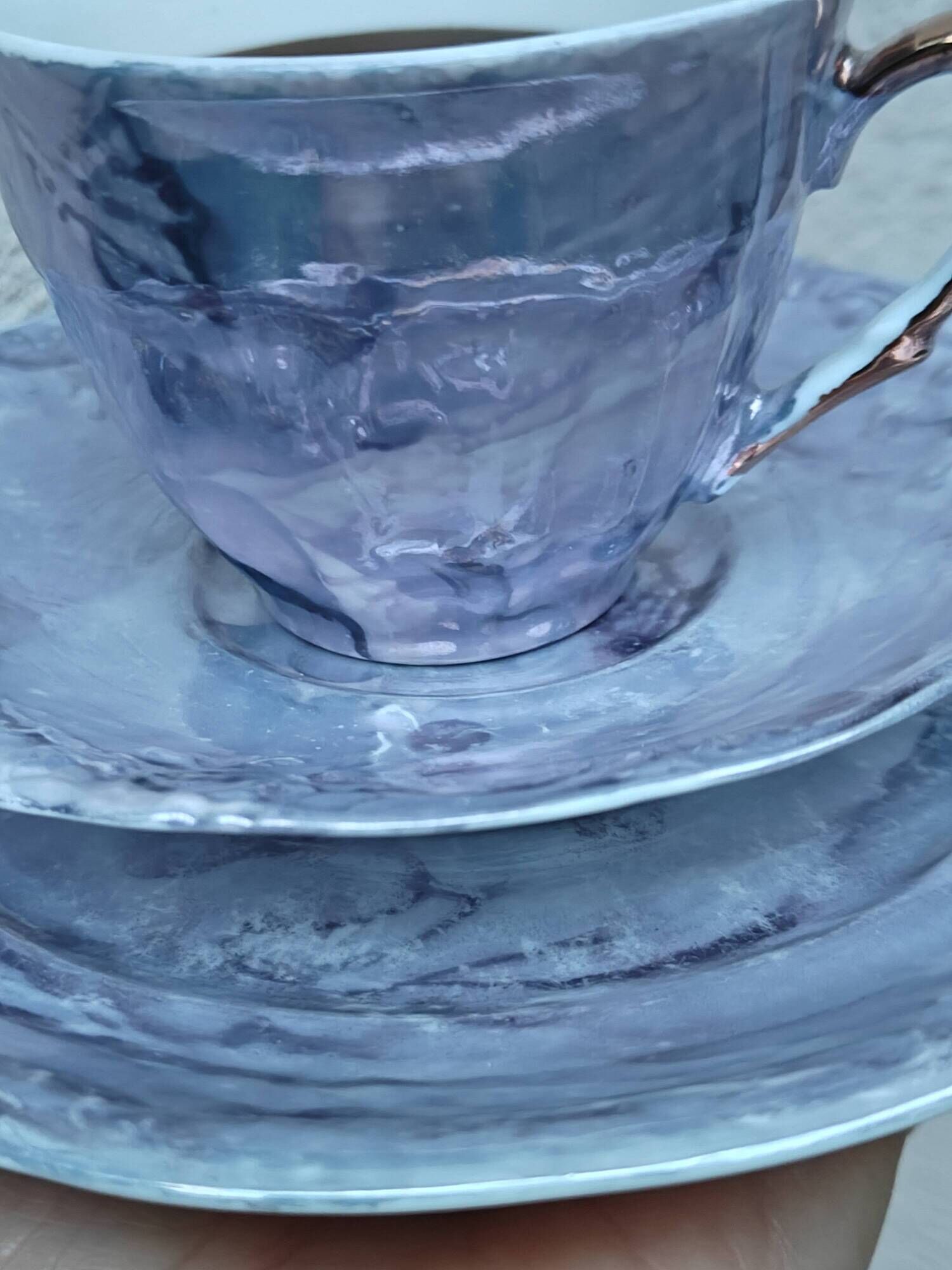 Vintage Marble Purple & Gold Interior Porcelain Coffee/Tea Trio -