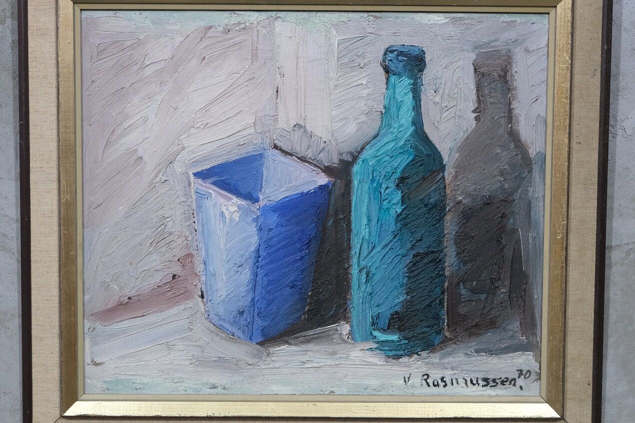 Nature morte scandinave à l’huile, Viktor Rasmussen (1922-2004), années 1970, huile sur toile