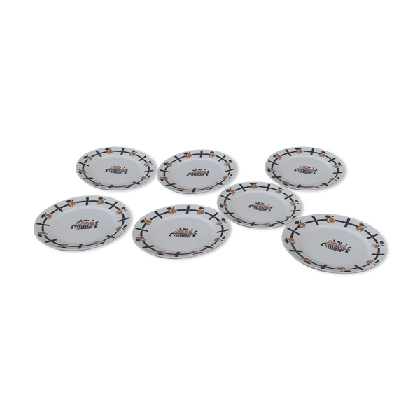 Set de 7 assiettes plates en faïence de Badonviller DOC motif panier diam 24  cm
