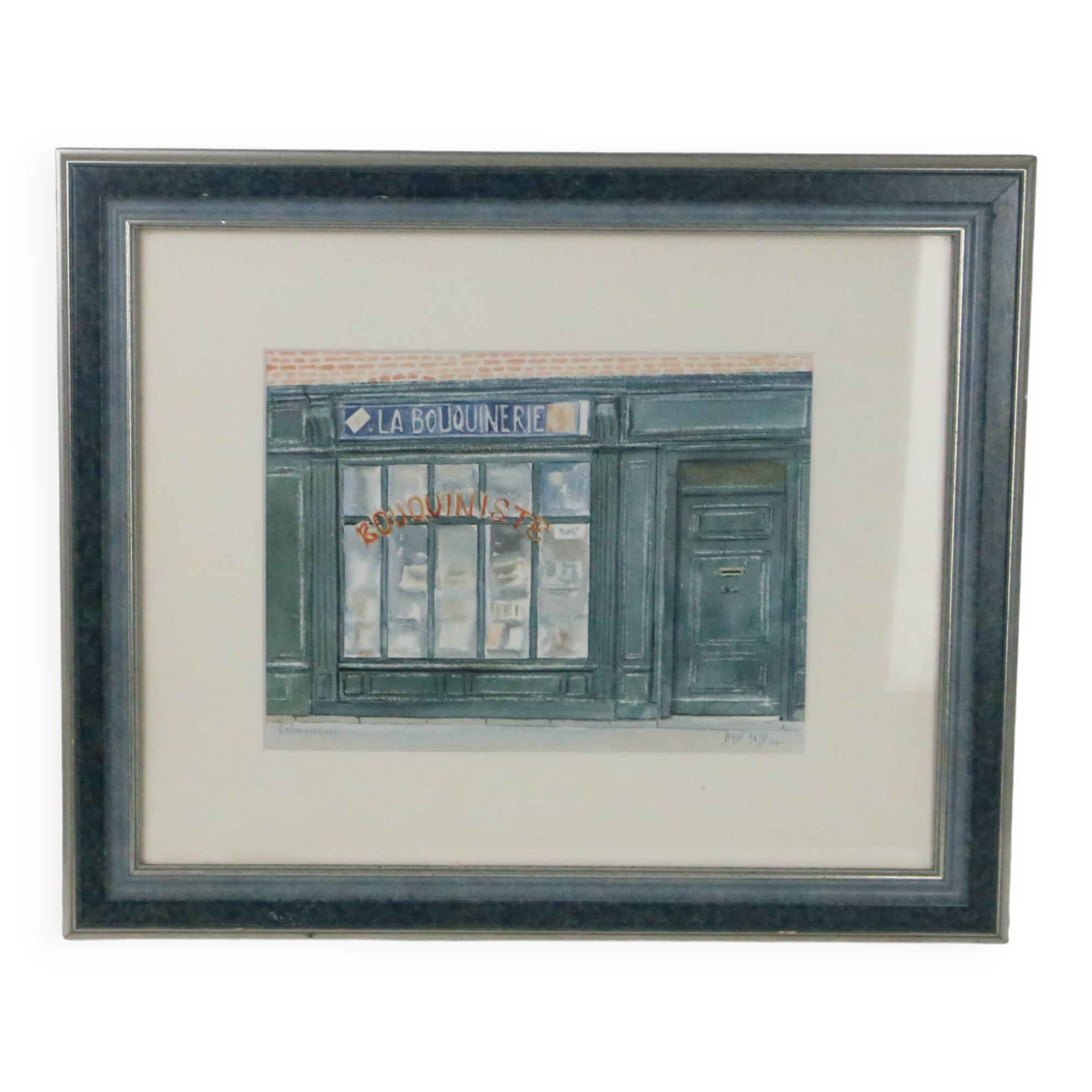 Watercolor 'The Bookstore' by Jean Desse, 1991