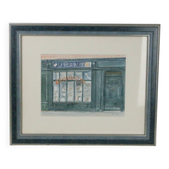 Watercolor 'The Bookstore' by Jean Desse, 1991