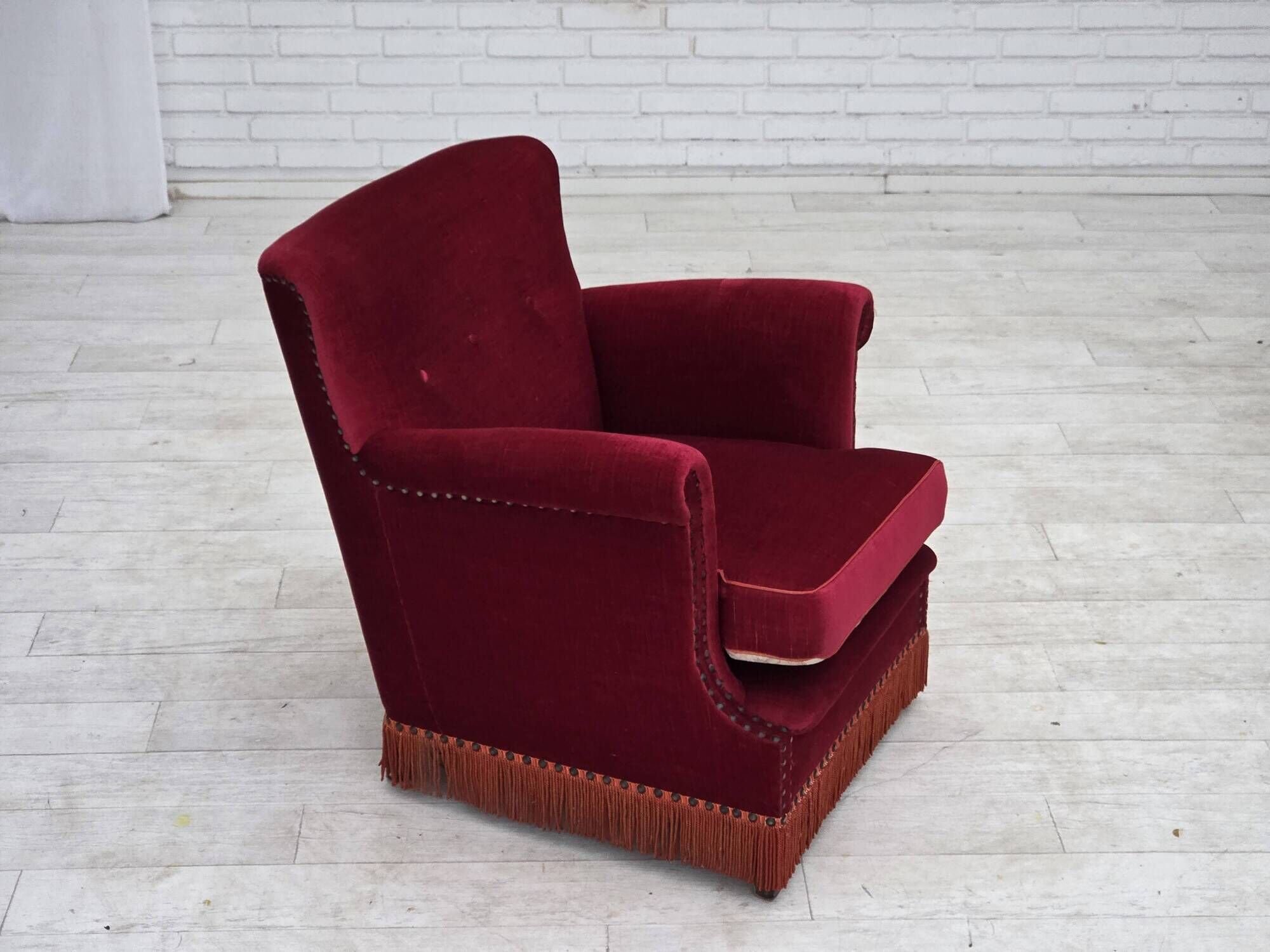 1970s, Danish armchair, furniture velour, ash wood legs.