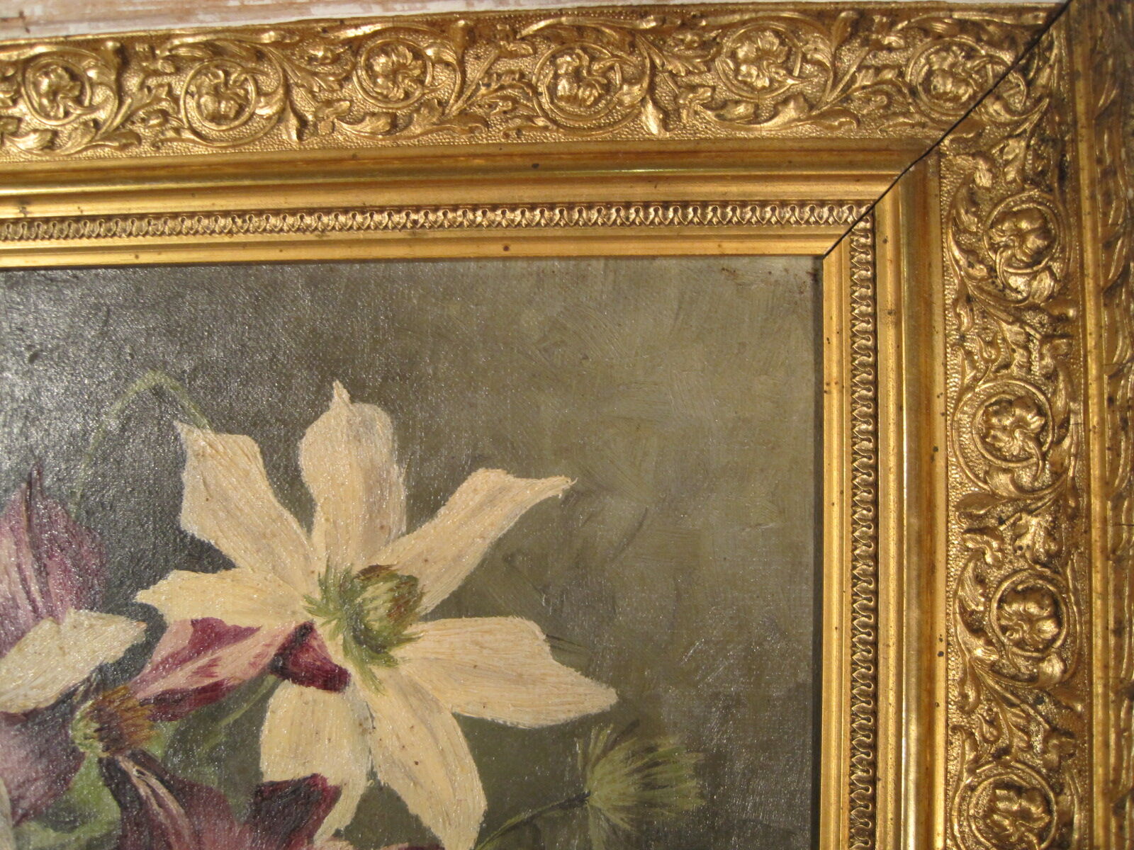 Peinture huile sur toile fleurs clématites signé François Rose 1904