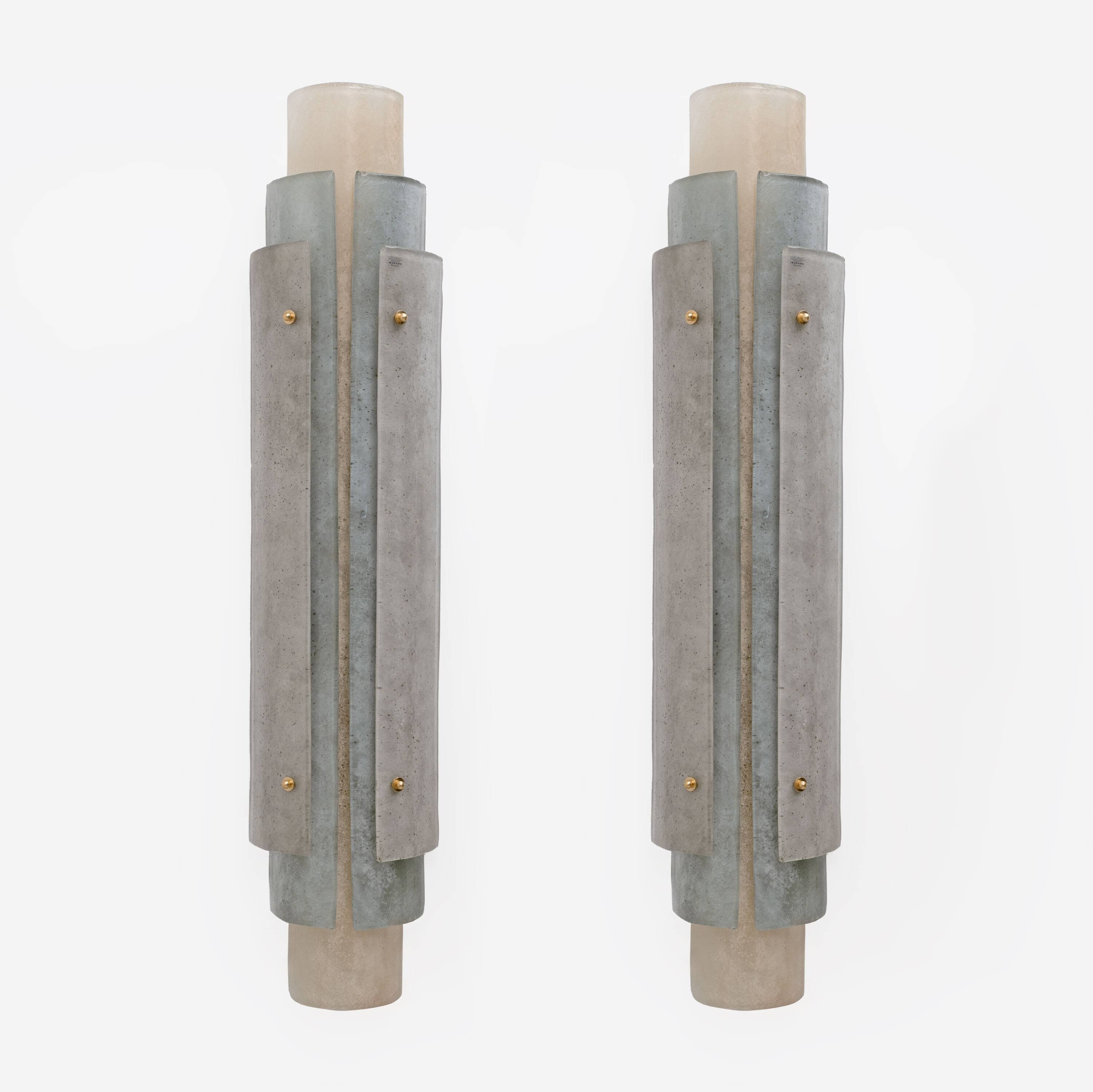 Pair of Murano Scavo Glass Wall Lamps with Brass Details