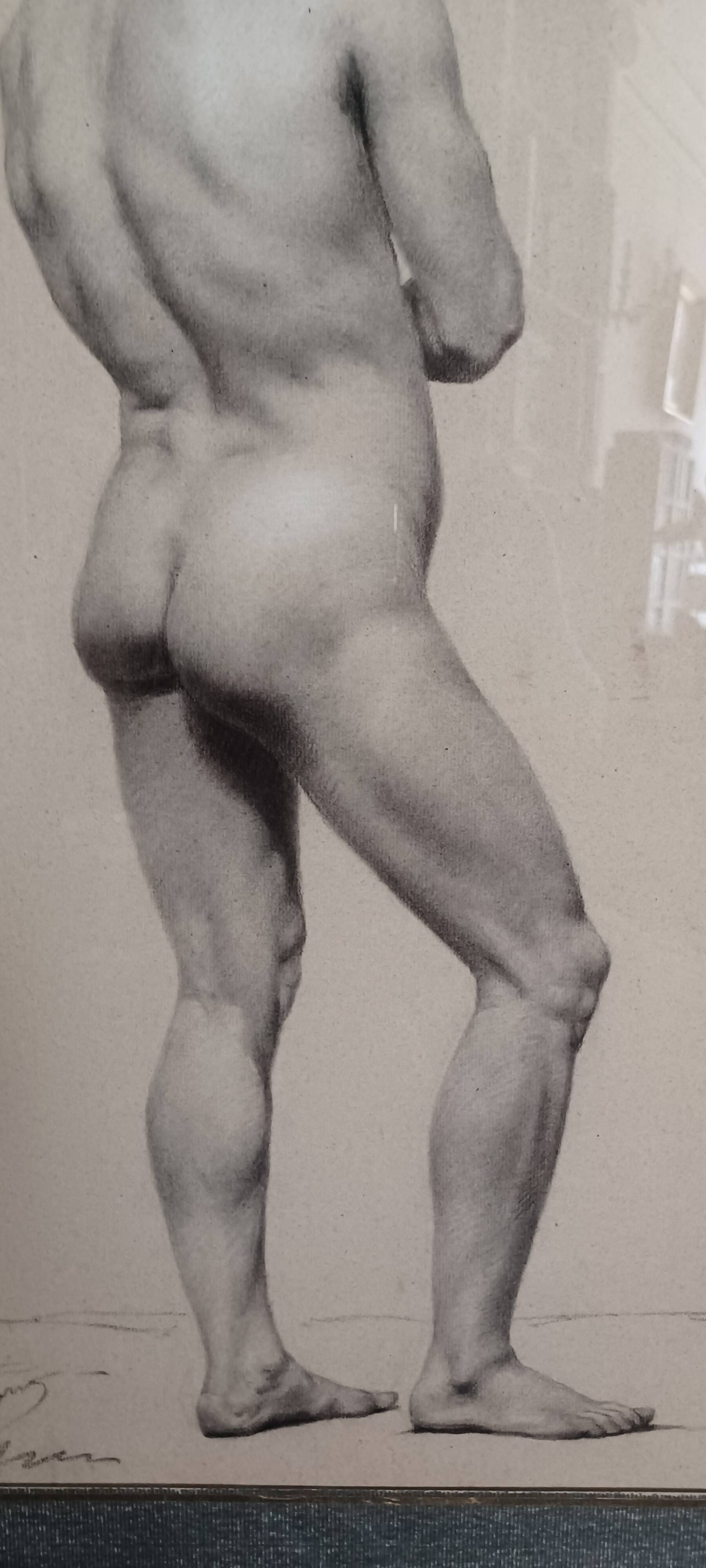 Drawing of a male nude in charcoal - academy signed and dated