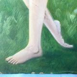 Old oil painting on large format cardboard 1920 nymph at the edge of a lake