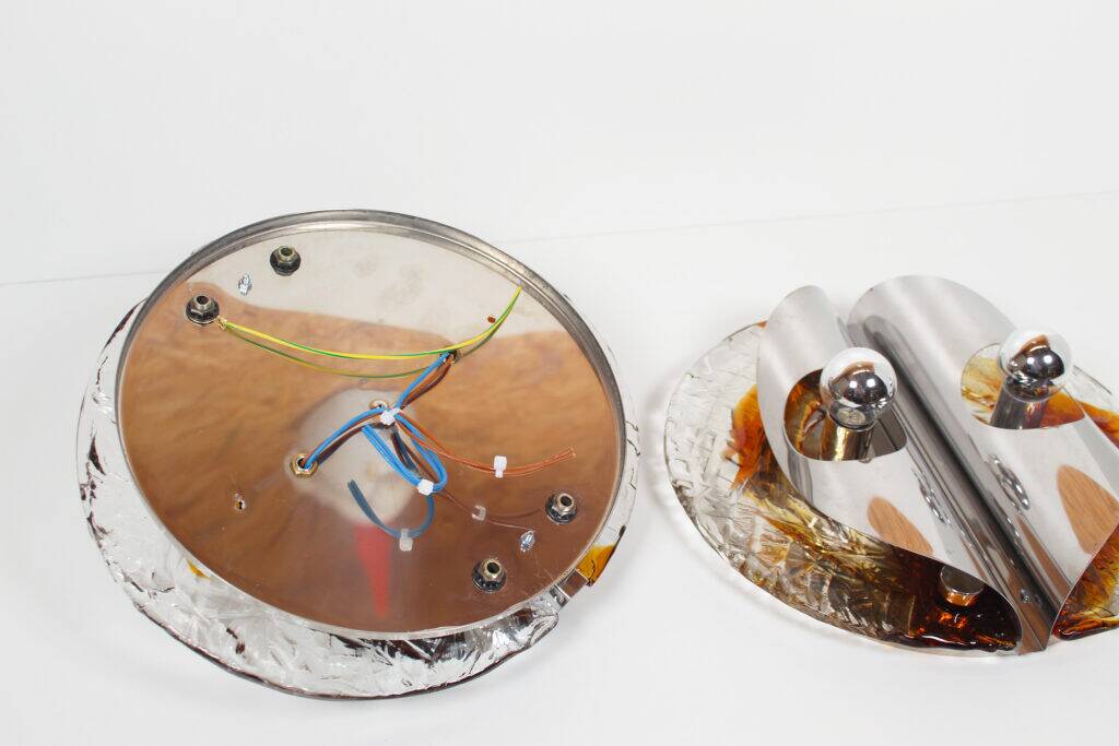 Stunning large pair of Murano glass and chrome wall lights by Mazzega