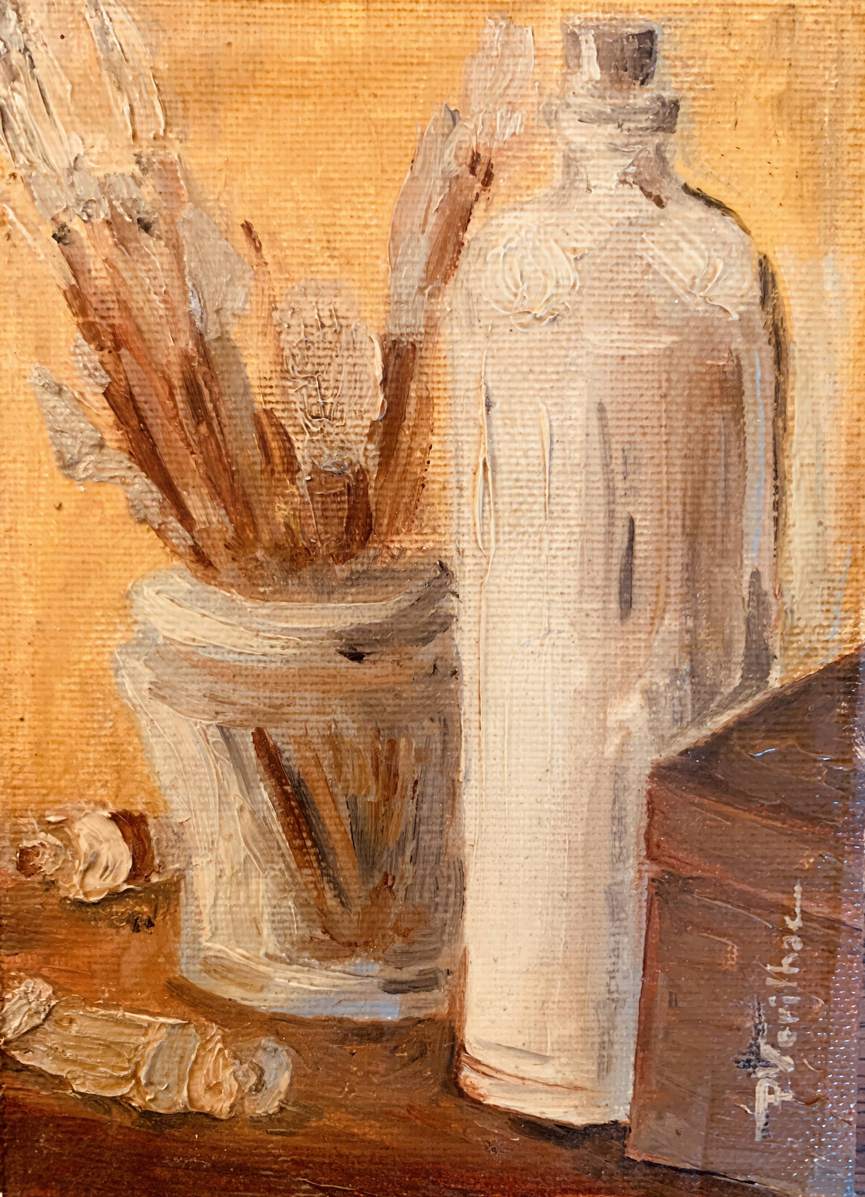 Small signed painting, oil on cardboard canvas, still life "studio"