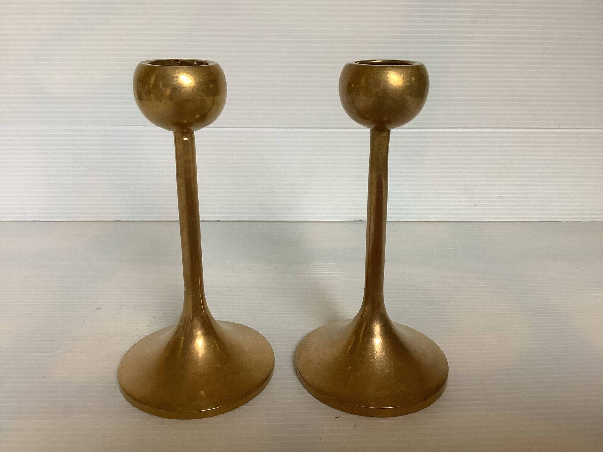 Pair of Scandinavian brass tulip foot candlesticks