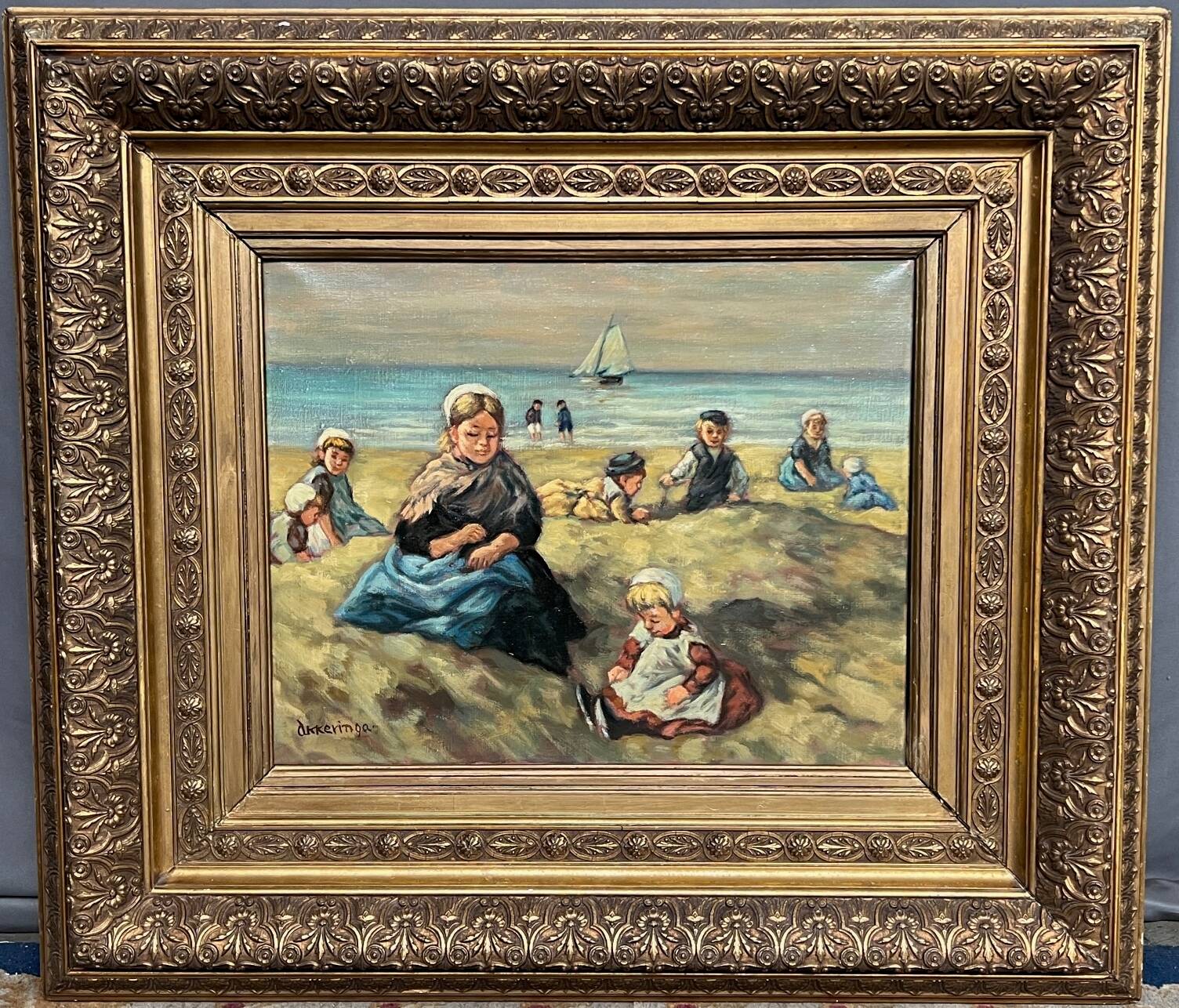 Johannes Evert Akkeringa (1861-1942). “Children playing on the beach”. Famous Dutch artist.