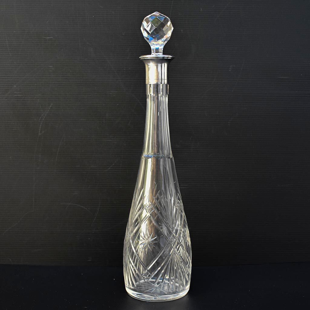 Carafe with antique glass liquor with diamond cap cut crystal silver frame