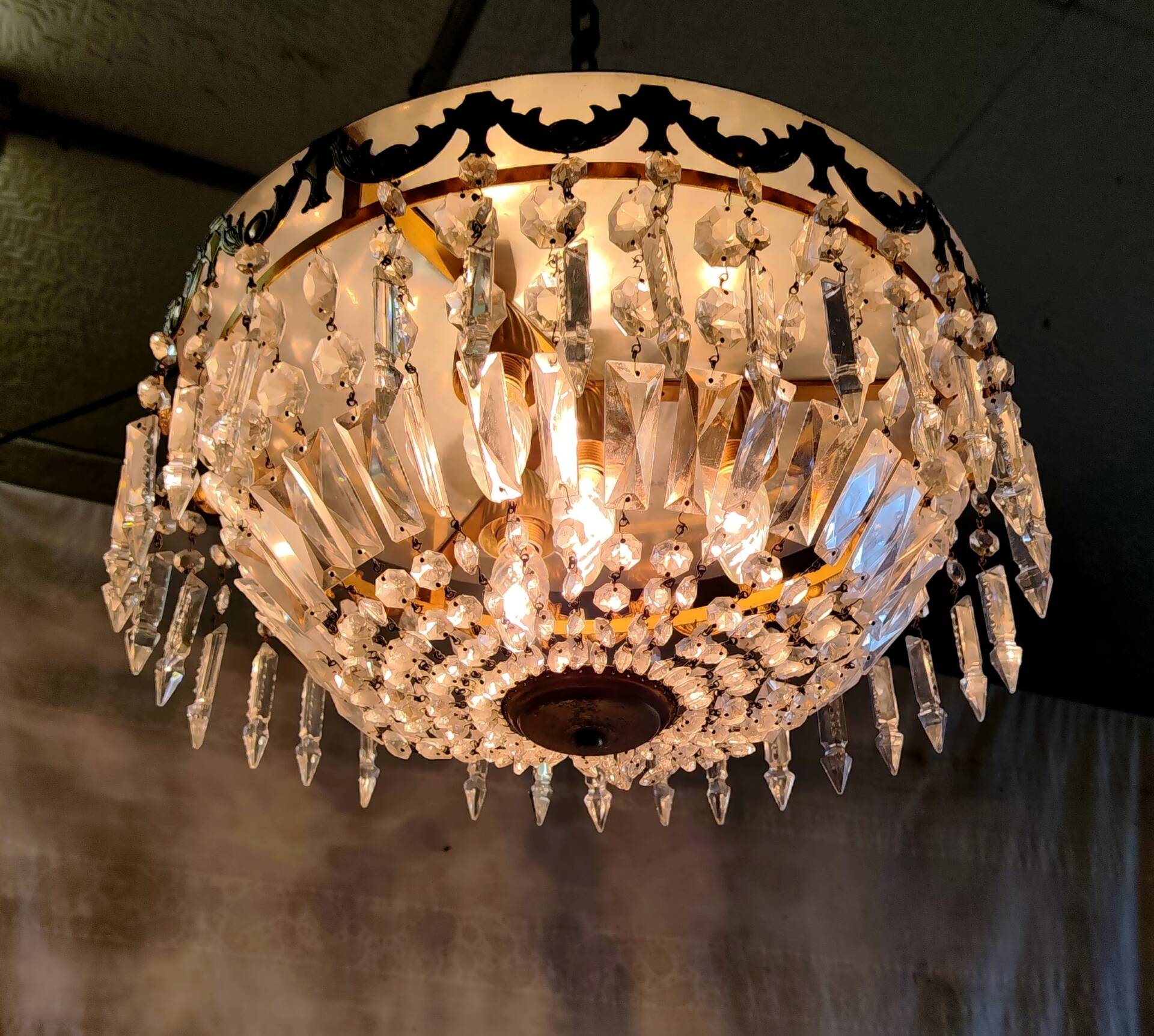 Glass and brass basket ceiling light - mid 20th century.