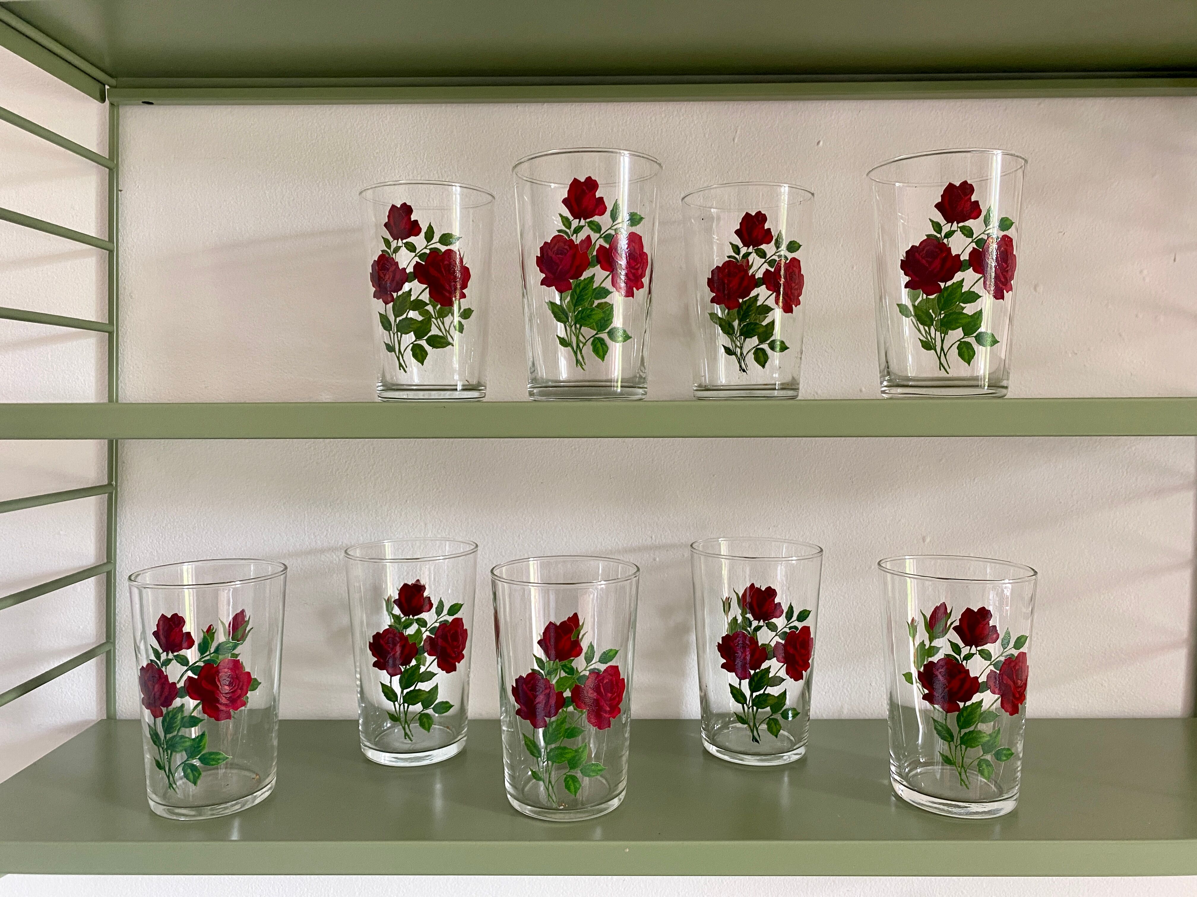 Set of 9 vintage glasses with flower designs - red roses -