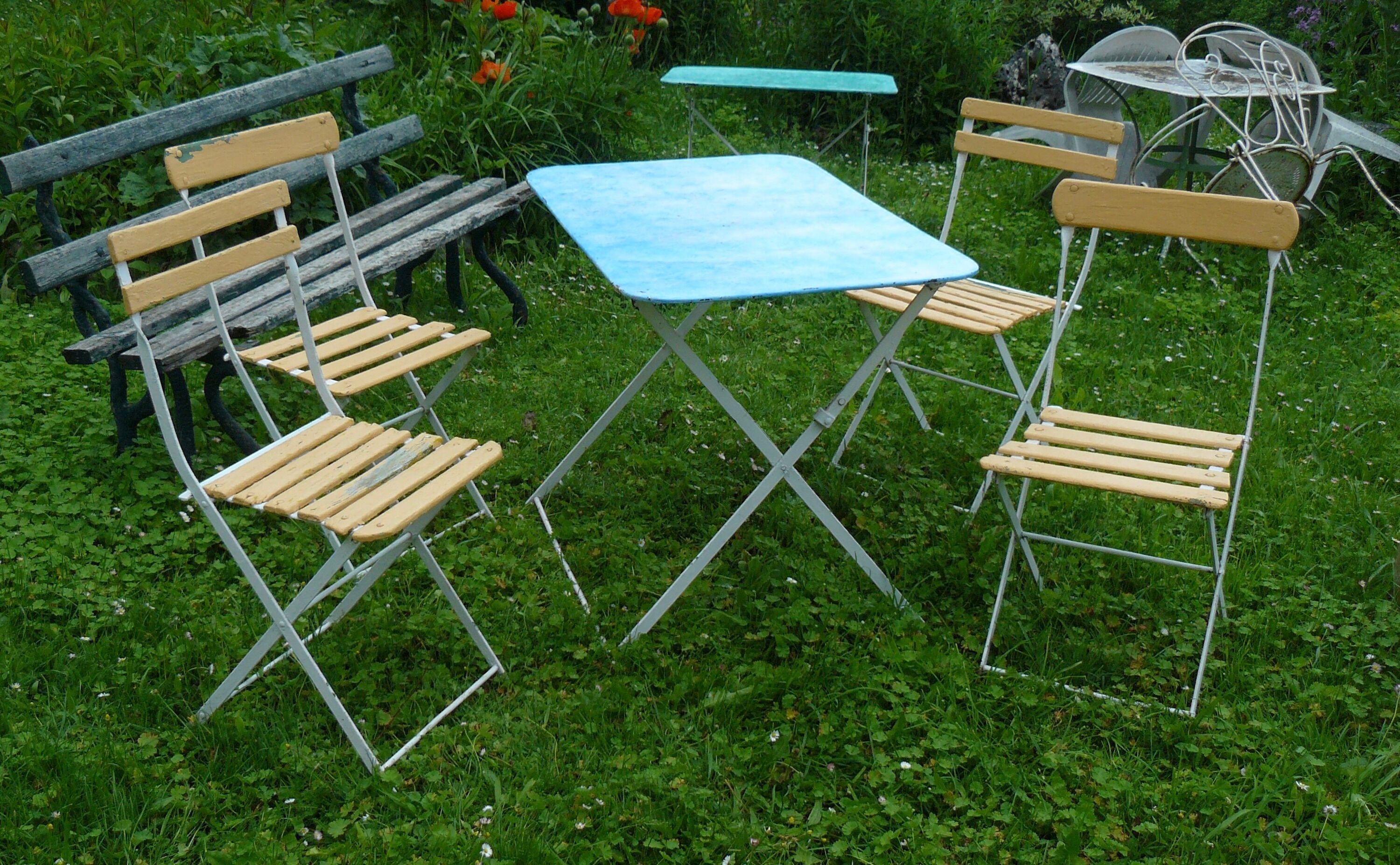 Lot de 4 chaises de jardin pliantes à lattes vintage 1940