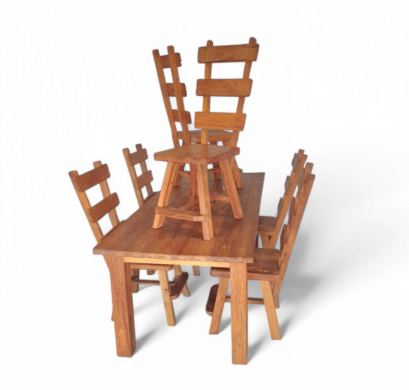 Elm wood brutalist wabi sabi dining set with 6 chairs & Table, 1960s