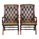 Set of 2 Green Leather English Chesterfield Armchairs Combined with wood