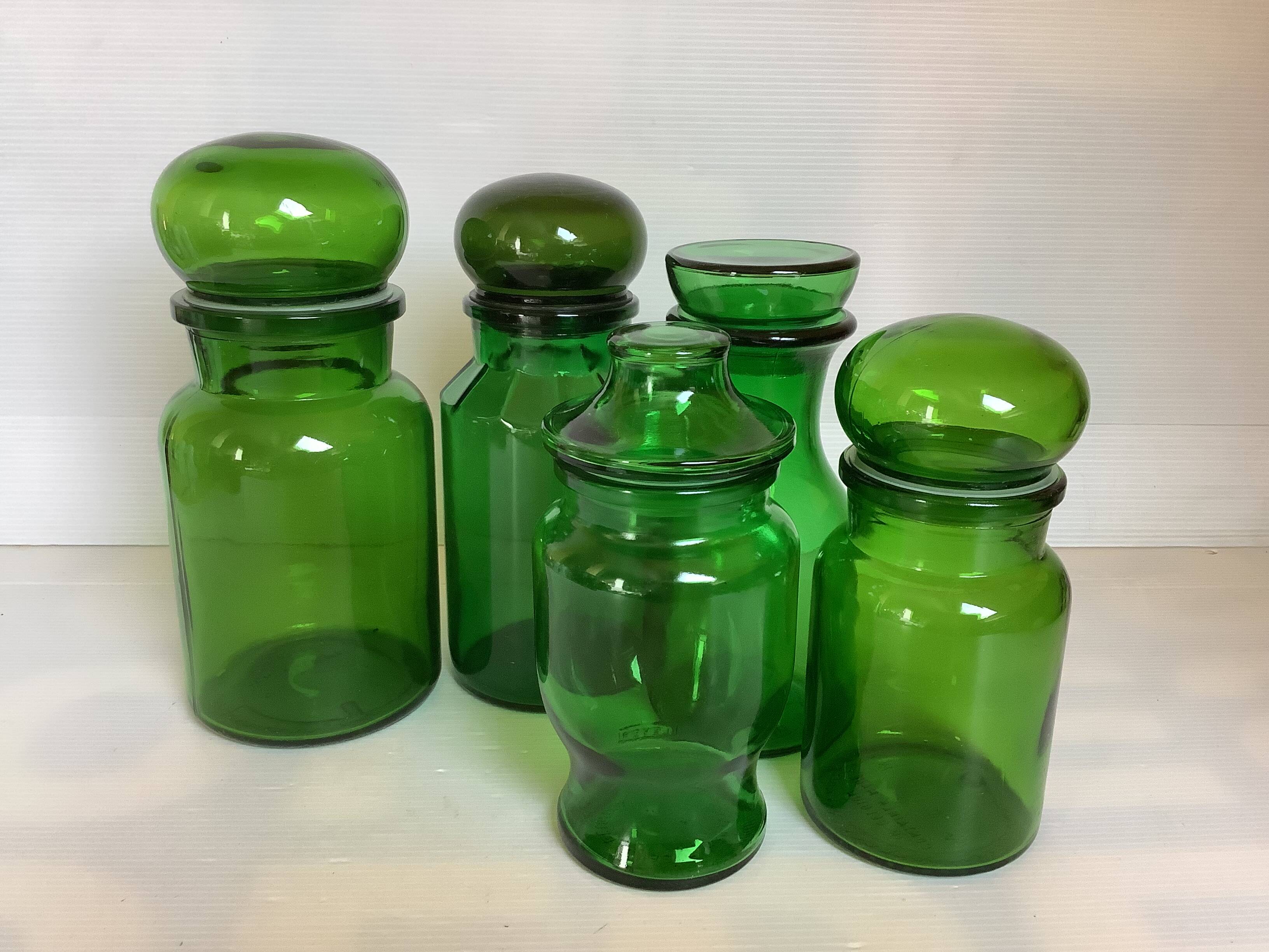 Five green glass candy boxes from the 70s