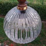 Suspension boule en verre épais striée design luminaire année 1980 space age