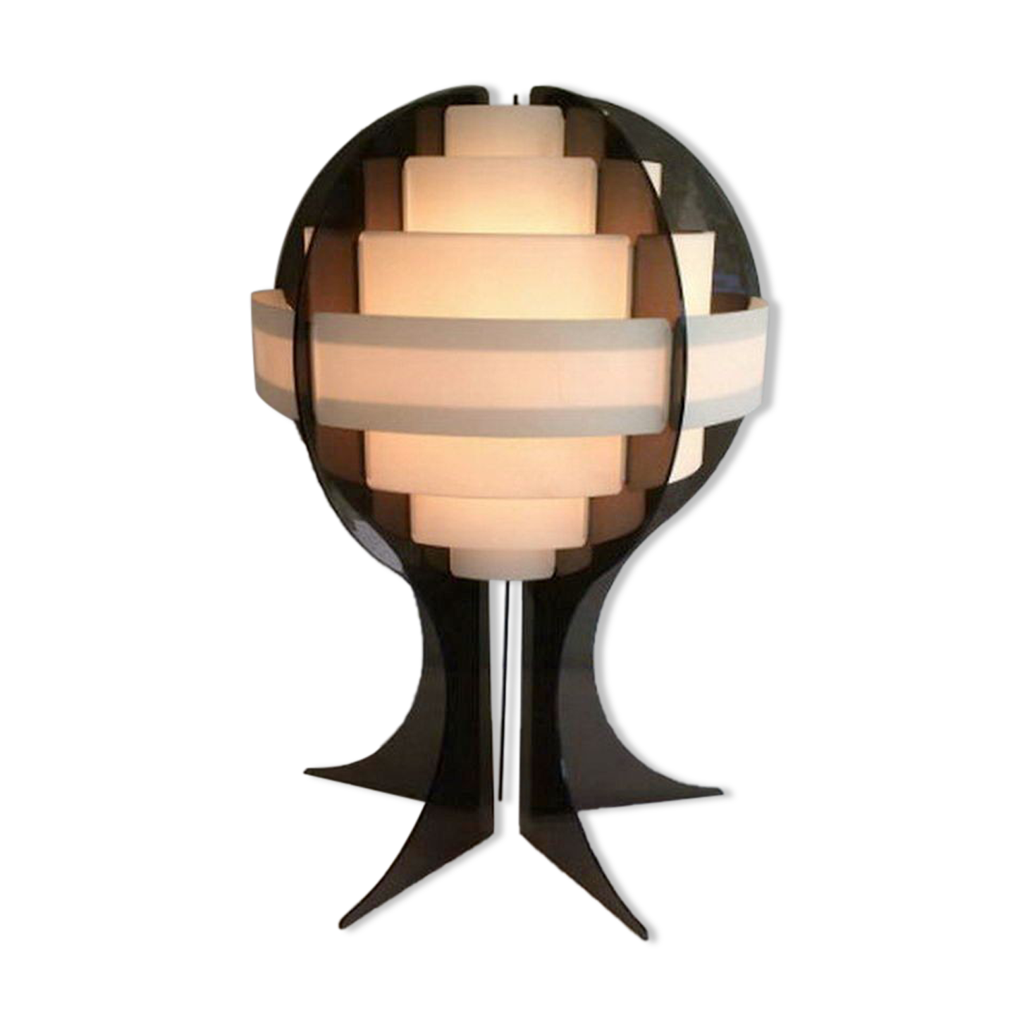 Modernist lamp in plexiglass and white plastic strips.