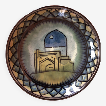 Assiette terre cuite émaillée mosquee dome bleu bukhara samarkand ouzbékistan, artisanat monogrammé