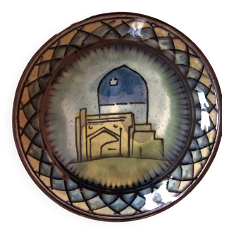 Assiette terre cuite émaillée mosquee dome bleu bukhara samarkand ouzbékistan, artisanat monogrammé