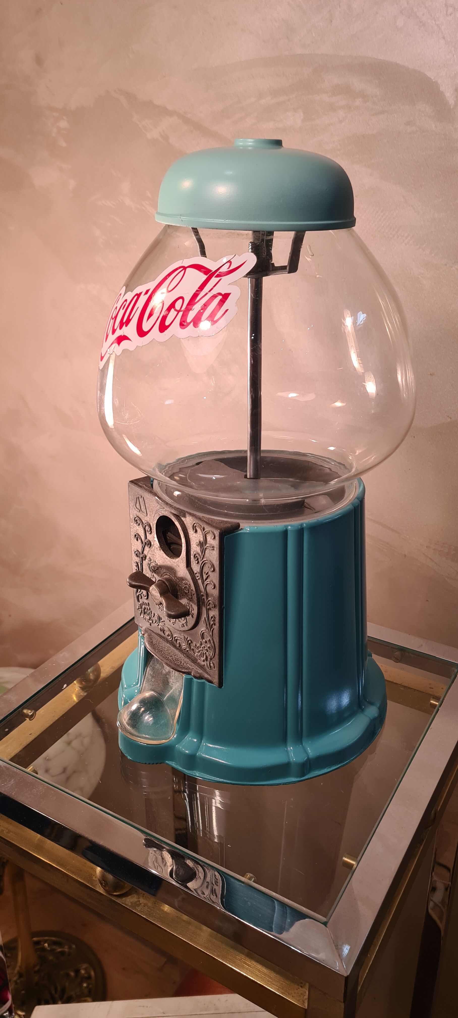Candy, chewing gum, peanut glass and metal dispenser color 2 shades of turquoise 28x20