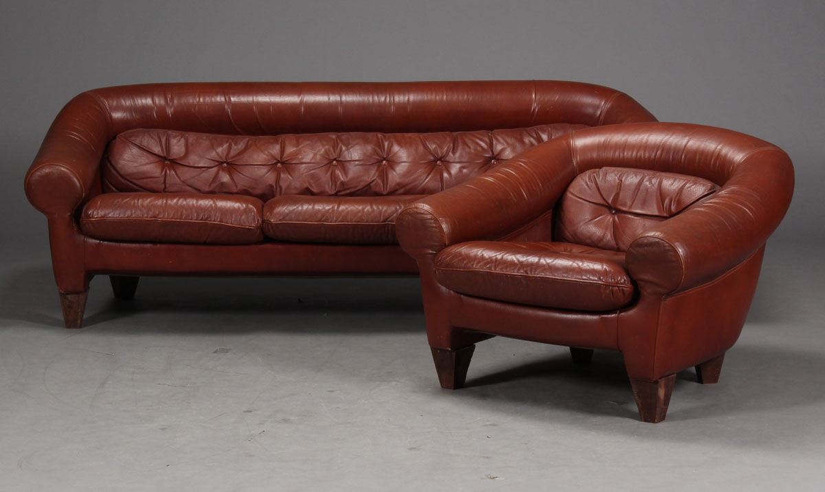 Sofa and a caramel leather armchair