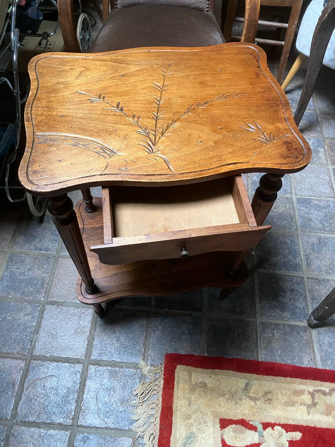 Side table, carved wood, 1900, with drawer.