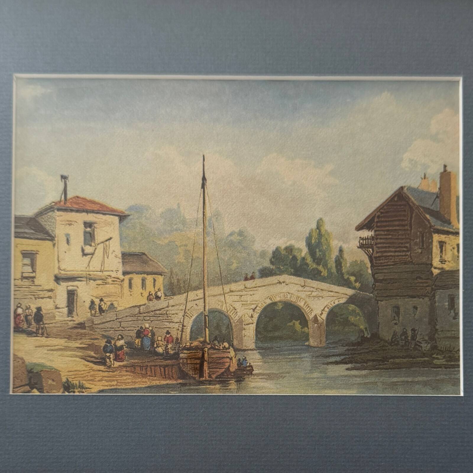 Watercolor on paper boat anchored near a bridge 19th century gilded frame