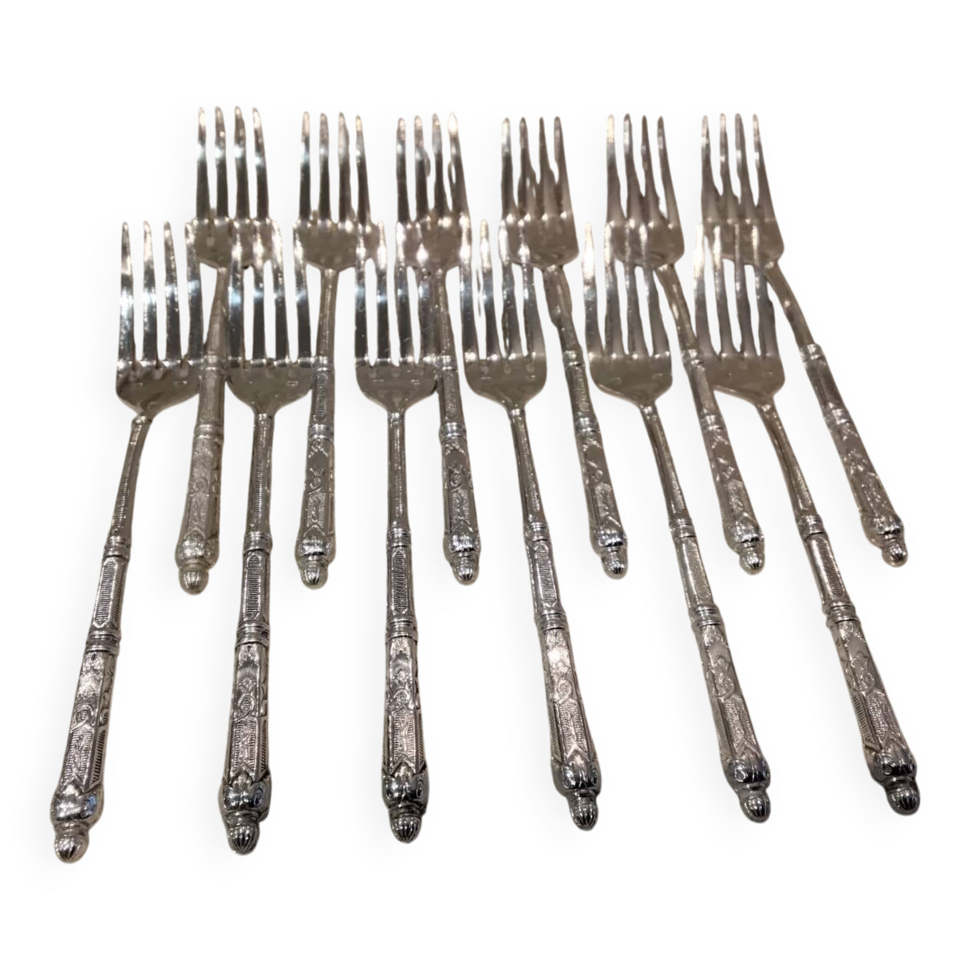 12 four-pronged lunch forks, silver-plated metal, SFAM silversmith, Russian style