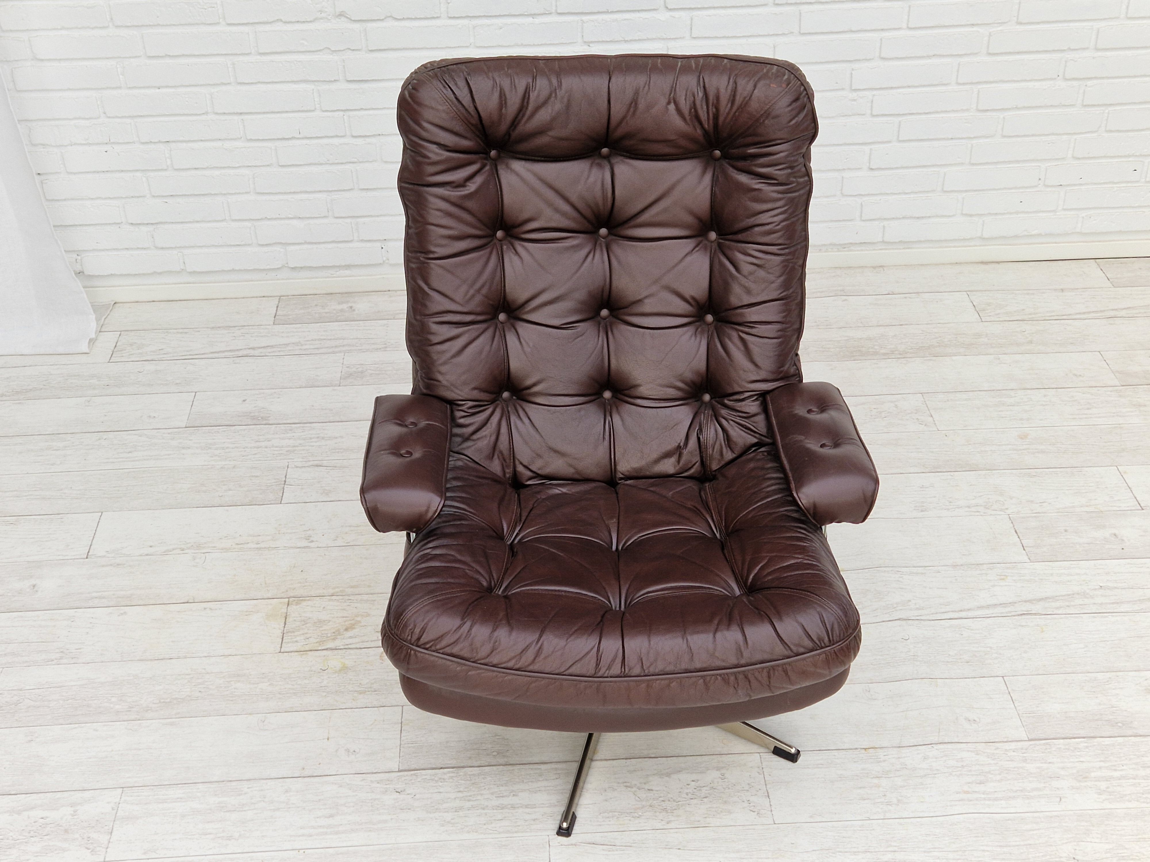 Vintage danish swivel leather armchair 1970s
