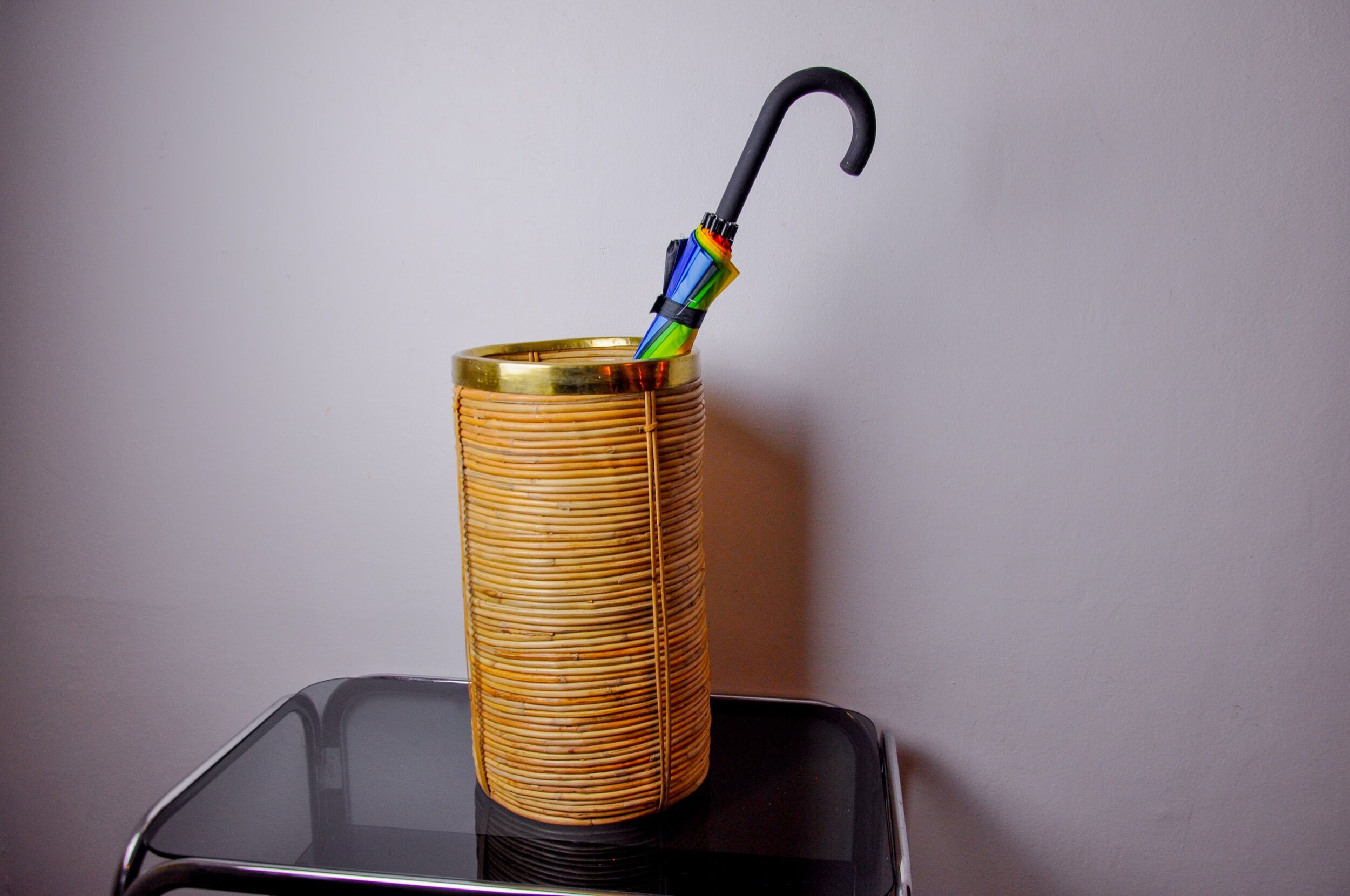 Rattan and brass umbrella stand, Italy, 1970