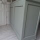 Vintage buffet on grey green wheels, 2 glass doors, wooden tray.