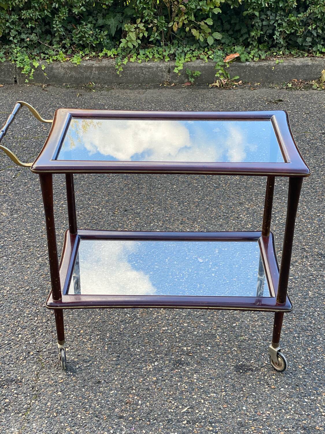 Vintage glass and rosewood Lacca style serving trolley
