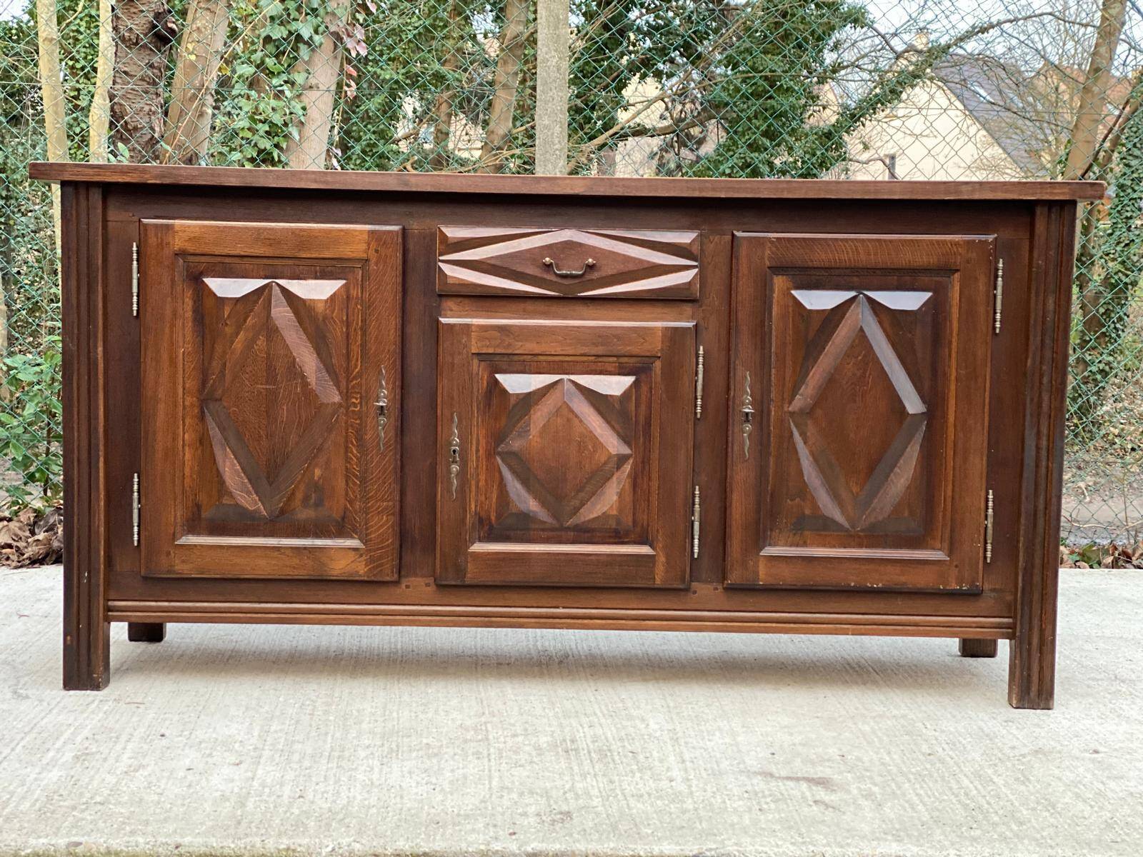 Art Deco sideboard in solid dark oak satin wood with 3 doors