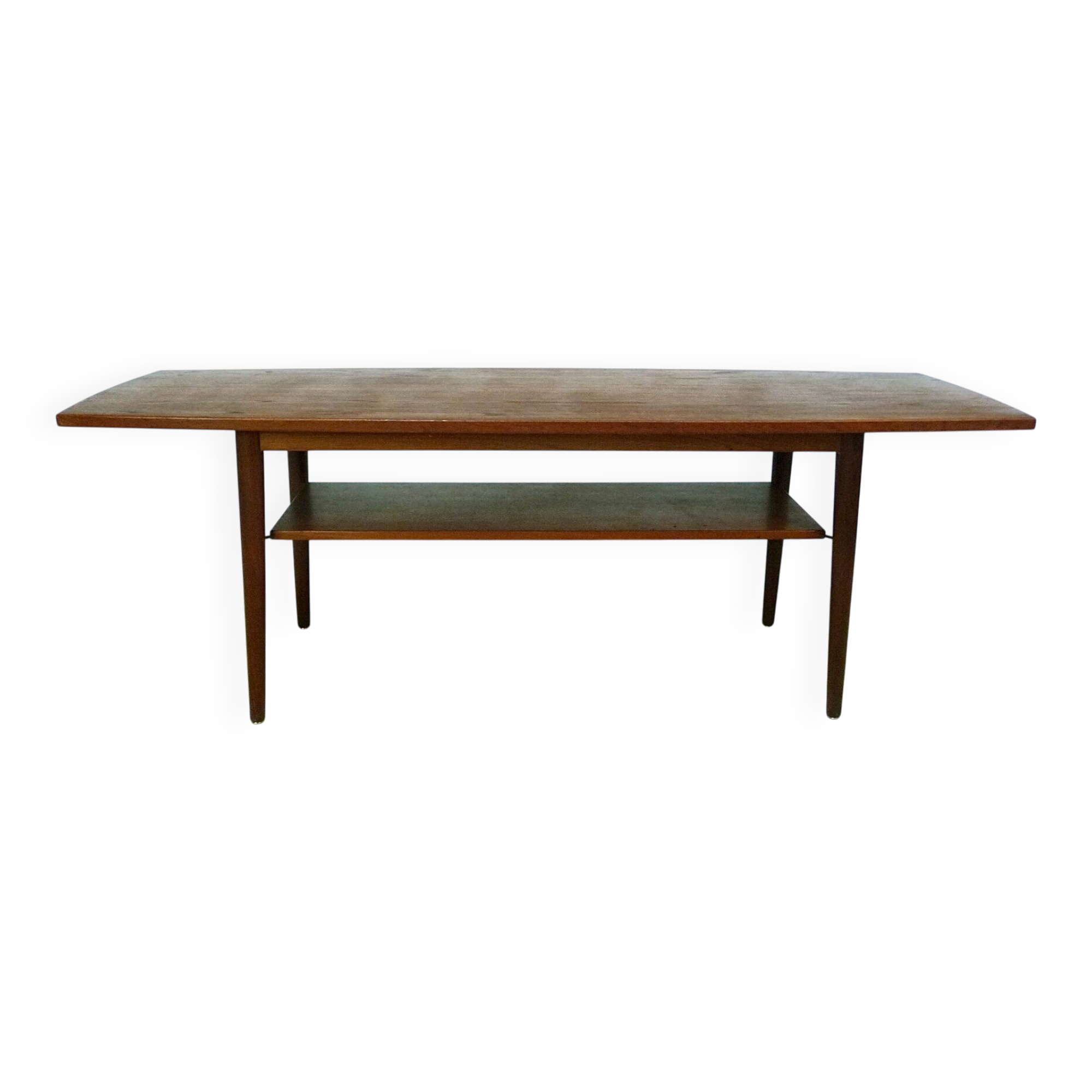 Curved Danish teak coffee table with additional shelf compartment, 1960s
