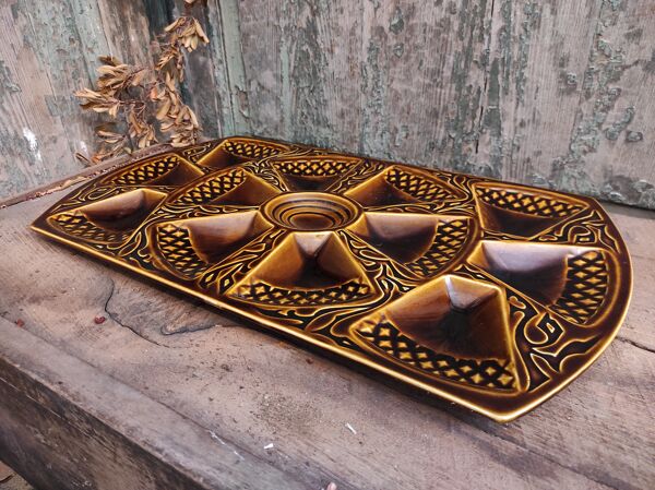 Plateau à huîtres rectangulaire Art déco Français en majolique de Sarreguemines