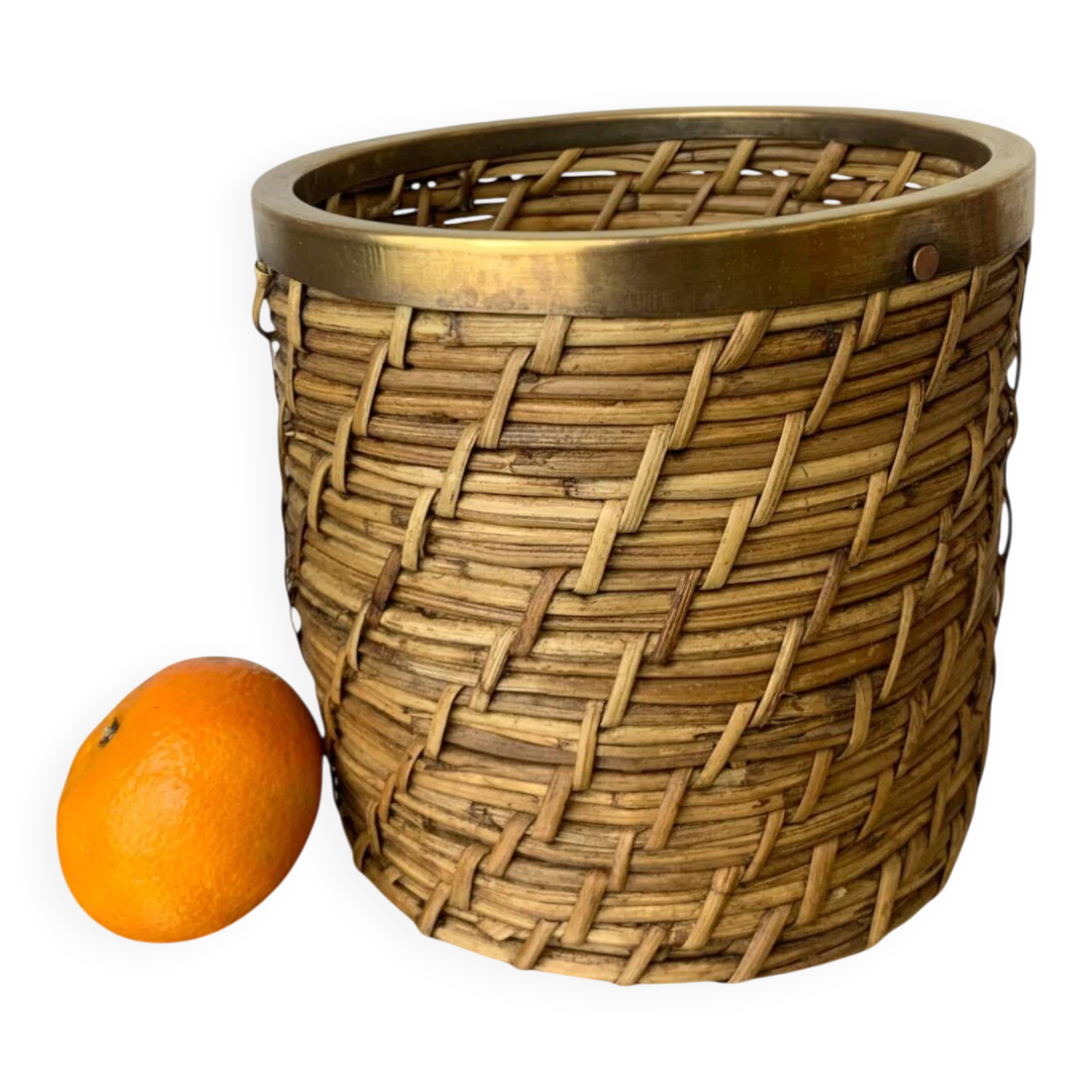 Rattan and brass basket, Italy, 1970s, 16 cm diameter