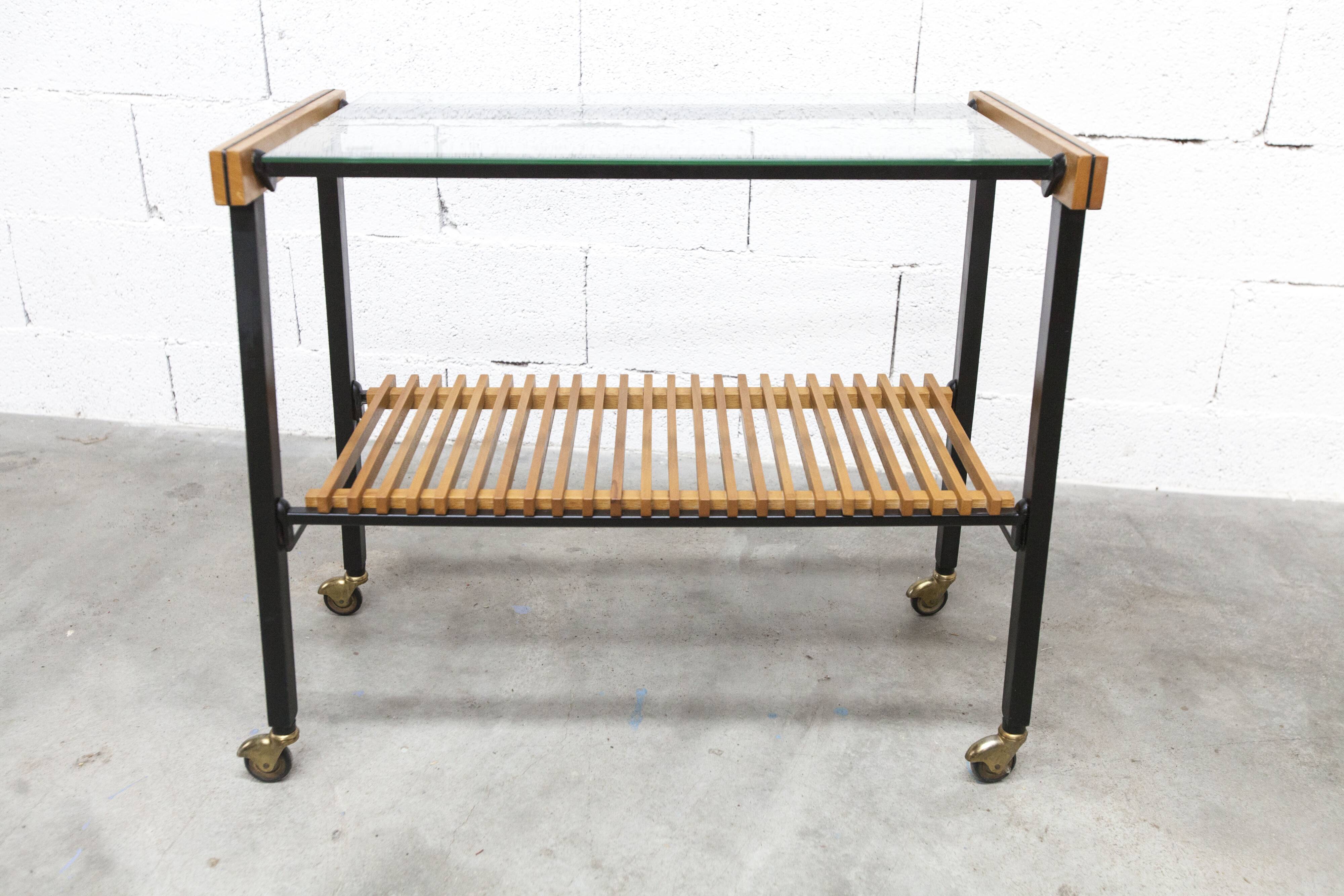 1960s serving cart, hi-fi cabinet on casters, teak, black metal, glass